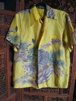 Rare Vintage Japanese Silk Wwii Era Tiger Shirt Hawaiian Tour M
