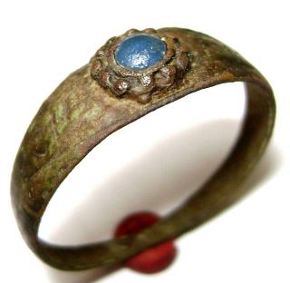 Ancient Medieval Bronze Finger Ring With Blue Stone.