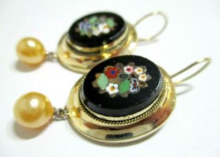 Stunning Antique Victorian Gf Floral Micro Mosaic Faux Pearl Drop Earrings C1880