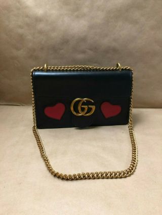 Rare Gucci Marmont Gg Red Embedded Hearts Black Leather Shoulder Bag 11 " X3 " X6 "