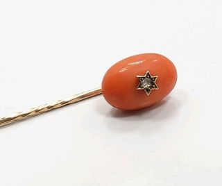 Antique Vintage Victorian 14k Yellow Gold Coral Diamond Star Stick Pin