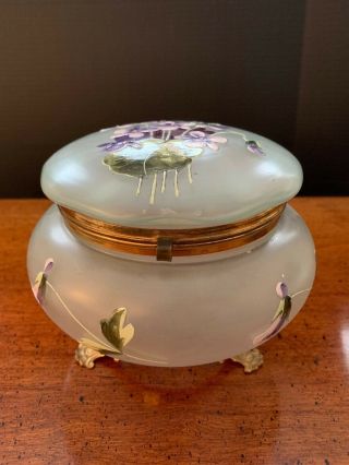 Victorian Glass Lidded / Footed Dresser Box With Hand Painted Violets - 6 " Wide
