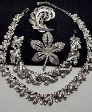 Vintage Silver Crown Trifari Fall Acorn Oak Leaf Necklace Bracelet & Leaf Pins