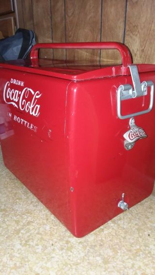 Vintage Coca Cola red metal cooler w/ top & bottom compartments w/ bottle opener 10