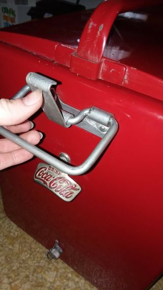 Vintage Coca Cola red metal cooler w/ top & bottom compartments w/ bottle opener 8