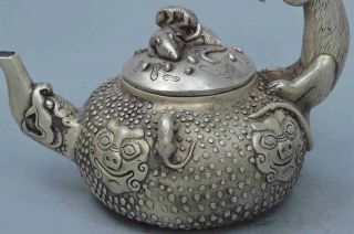 Collectable Handwork Old Noble Miao Silver Carve Mouse & Lion Auspicious Tea Pot 3