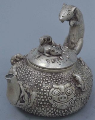 Collectable Handwork Old Noble Miao Silver Carve Mouse & Lion Auspicious Tea Pot 4