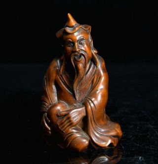 Collectable China Antique Boxwood Carve Smile Old Man Vivid Interesting Statue