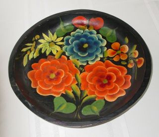 Vintage Mexican Batea Bowl Folk Art Flower Bouquet Wood Toleware Hand Painted