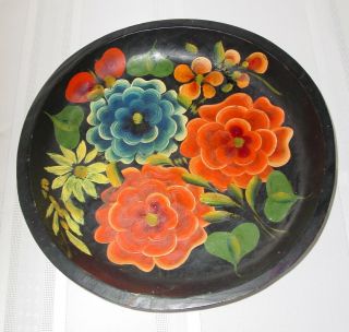 Vintage Mexican Batea Bowl Folk Art Flower Bouquet Wood Toleware Hand Painted 2