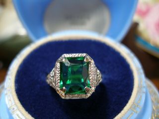 Antique 14k White Gold Filigree Emerald Green 3 Ct Ring Art Deco 1920 