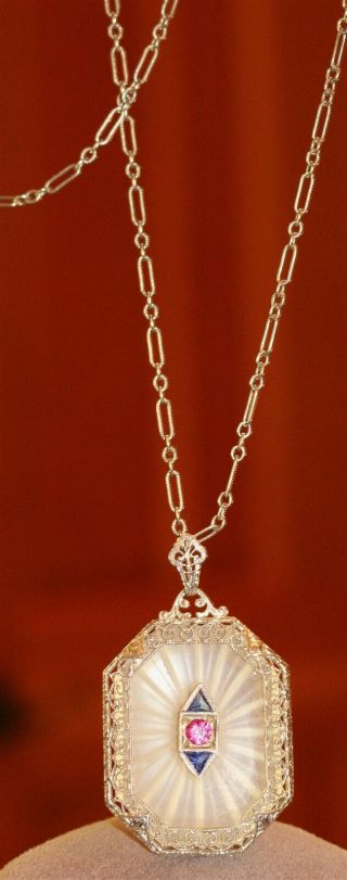 Solid 14k White Gold & Platinum Marks Necklace & Pendant W/ruby & Two Sapphires