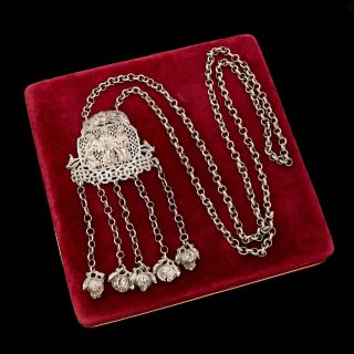 Antique Vintage Art Deco Sterling Silver Chinese Court Repousse Scenic Necklace