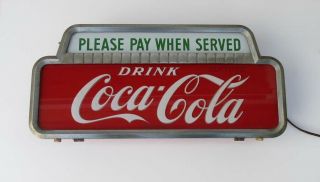NICEST VINTAGE 1950 COCA COLA LIGHTED CASHIER PAY WHEN SERVED SIGN NO RES 8