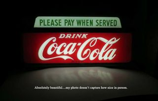 NICEST VINTAGE 1950 COCA COLA LIGHTED CASHIER PAY WHEN SERVED SIGN NO RES 9