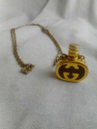 Vintage Gucci 1980s Gold & Brown Enamel Perfume Bottle Pendant & Chain Necklace