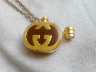 Vintage Gucci 1980s gold & brown enamel perfume bottle pendant & chain necklace 2