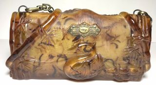 VINTAGE MAYA Evangelista HANDBAG Amber Resin Art Nouveau Swan Clamshell Purse 3