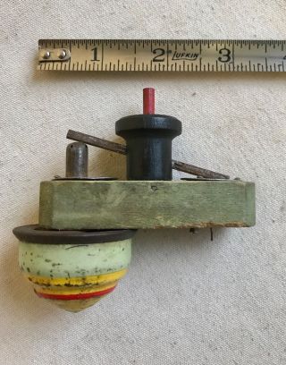 Rare Vintage Antique 3 Inch Tin & Wood See - Saw Spinning Top Set