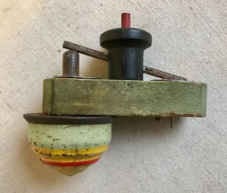 RARE Vintage Antique 3 inch Tin & Wood SEE - SAW Spinning Top Set 2