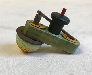 RARE Vintage Antique 3 inch Tin & Wood SEE - SAW Spinning Top Set 5