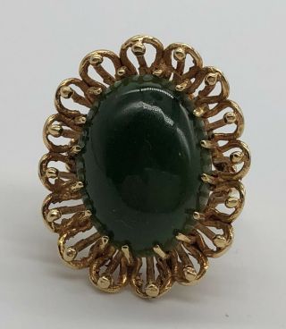 Vintage 14k Yellow Gold Green Jade Ring W/decorative Gallery