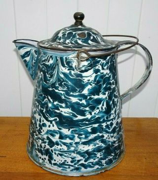 Rare Vintage Graniteware Blue Green Swirled Large Coffee Pot Primitive