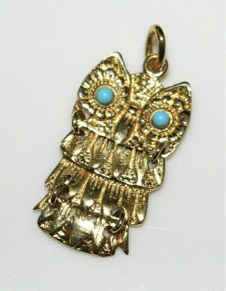 Vintage Estate 14k Yellow Gold Articulated Owl Pendant,  Turquoise Eyes 4.  2 Grams