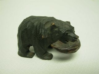 Antique German Wood Carved Grizzly Bear With A Fish In His Mouth
