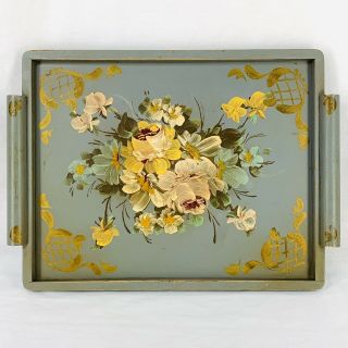 Shabby Chic Hand Painted Antique Retro Tole Serving Tray Flowers Wood Display