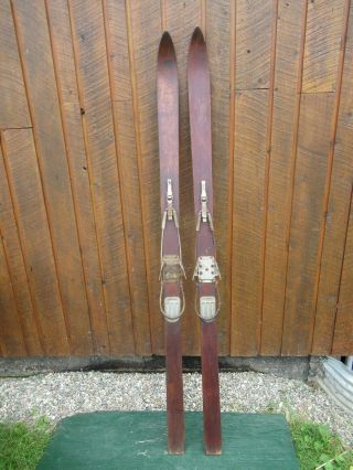 Vintage Wooden 70 " Long Skis Old Dark Wood Finish With Metal Cable Bindings