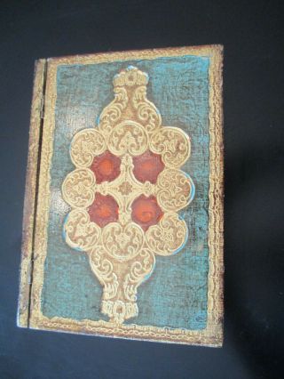 Vintage Wooden Carved Painted Hinged Box In Form Of Old Embossed Book Italy