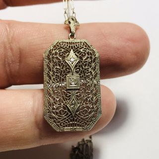 Antique Art Deco Era 14k White Gold Filigree Diamond Necklace And Pendant