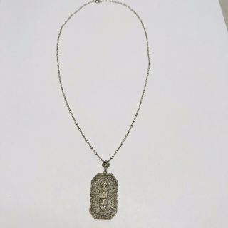 Antique Art Deco Era 14k White Gold Filigree Diamond Necklace And Pendant 2