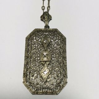 Antique Art Deco Era 14k White Gold Filigree Diamond Necklace And Pendant 5