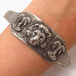 925 Sterling Silver Vintage Heavy Lion & Palm Tree Design Cuff Bracelet 7 1/4 "