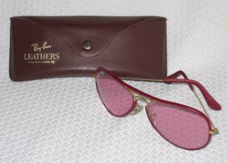 Vintage Ray Ban B&l Red Leather Wrapped Aviator Sunglasses W/ Case