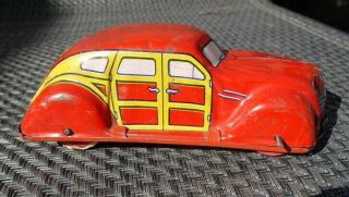 30s J Chein Woody Station Wagon Car Tin Litho Wind - Up Toy - Tries To Work