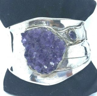 Vintage Signed 925 Sterling Silver & Amethyst Natural Crystal Cuff Bracelet