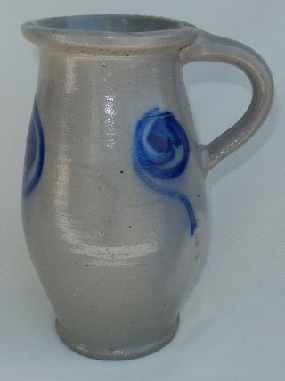 Vtg.  Country French Salt Glaze Stoneware Pottery Pitcher W/cobalt Blue Design