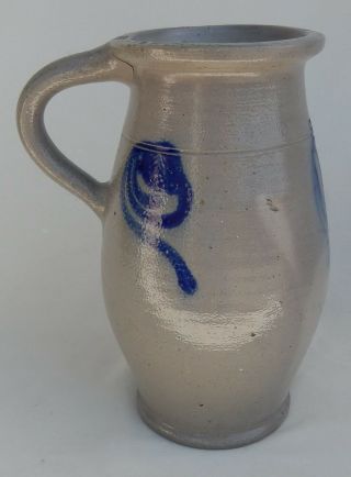 Vtg.  Country French Salt Glaze Stoneware Pottery Pitcher W/Cobalt Blue Design 3