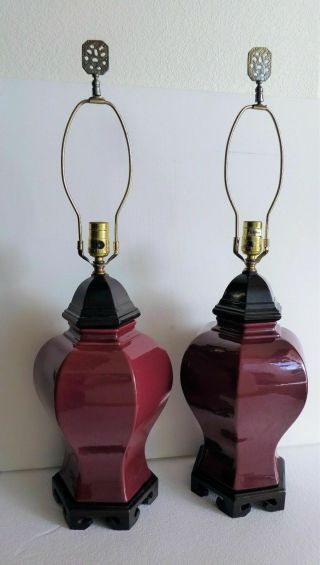Vintage Ceramic Handcrafted Hexagonal Burgundy Table Lamps - Ethan Allen