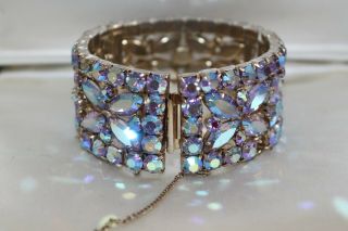 Signed Vtg Lilac Blue Aurora Borealis Sherman 3 Hinge Panel Cuff Bracelet