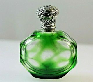 Perfume Silver Top Antique Bottle Green Glass Overlay Scent Bottle With Stopper