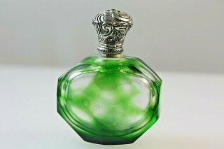Perfume Silver top Antique Bottle Green Glass Overlay Scent Bottle with stopper 2
