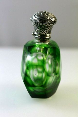 Perfume Silver top Antique Bottle Green Glass Overlay Scent Bottle with stopper 5