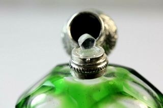 Perfume Silver top Antique Bottle Green Glass Overlay Scent Bottle with stopper 7