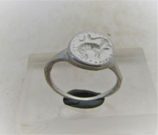 Ancient Roman Silver Legionary Seal Ring With Beast Motif On Bezel.