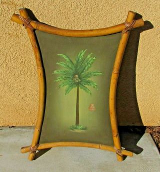 Vintage Adirondack Palm Tree Oil Painting In A Bamboo Frame