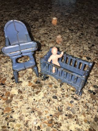Vintage Miniature Cast Iron Dollhouse Crib Highchair Blue